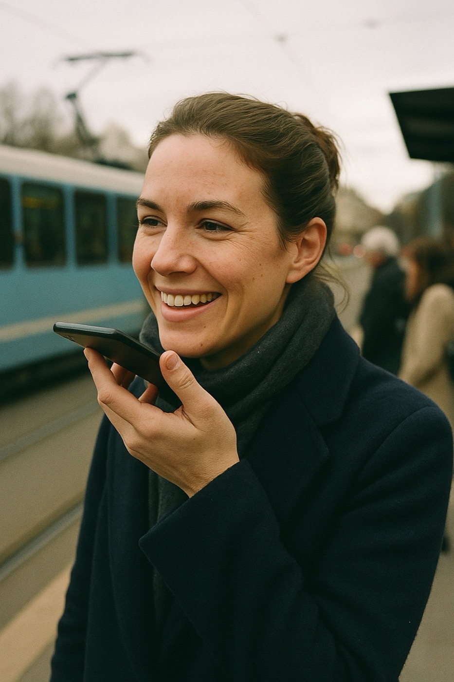 En kvinne ved trikken som smiler og snakker inn en huskelapp på telefonen